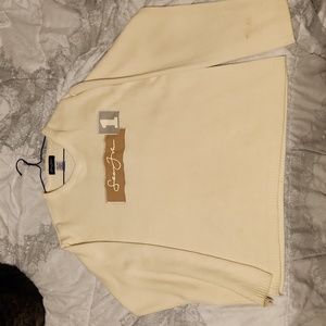 Sean John Off White Tan Spell Out Logo Knit V-Neck Pullover Sweater Vintage Y2K